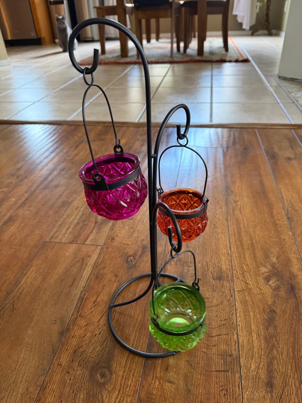 Macy's Black Metal Stand with Green, Purple, and Orange Glass Tea Light Holders